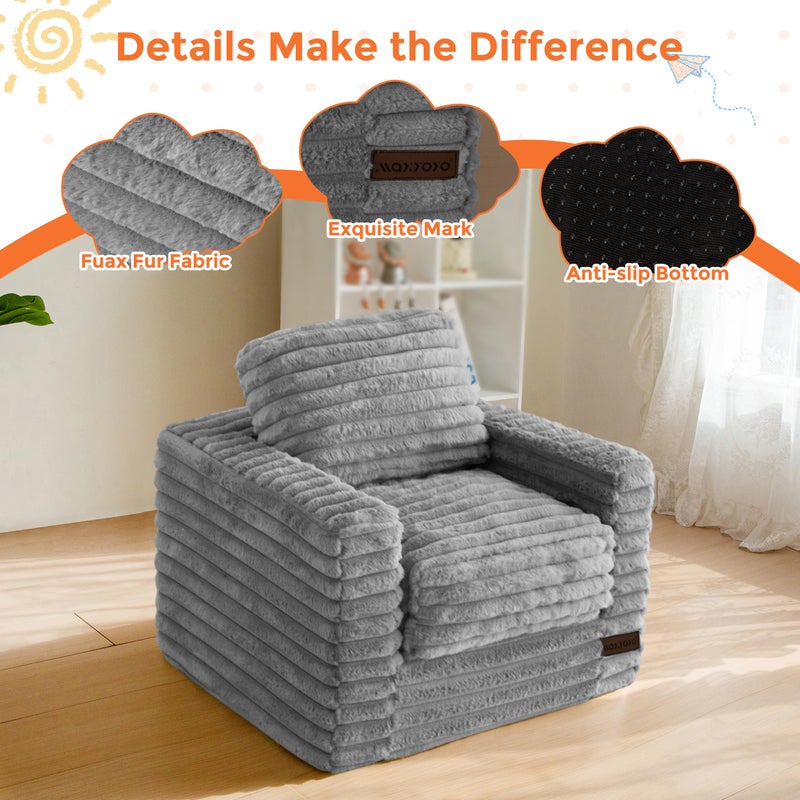 MAXYOYO Kids Bean Bag Chair, Comfy Faux Fur Bean Bag Sofa with Filler, Upholstered Floor Sofa with Pillows and Armrests, Lazy Floor Chair Couch for Boys and Girls, Grey - Image 5