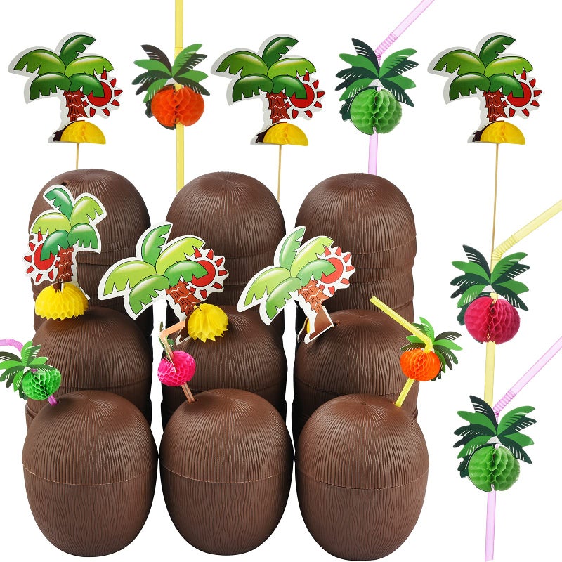 ALINK 18 Coconut Cups with 18 Straws and 18 Cocktail Drink Picks, Hawaiian Luau Tiki and Beach Party Decorations for Kids and Adults - Image 1