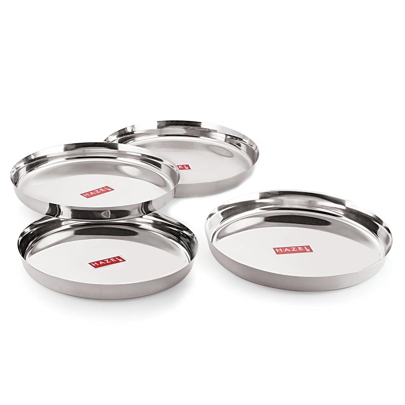 HAZEL Stainless Steel Plates Set Premium Mirror Finish Thali Set Stainless Steel Heavy Gauge Steel Plates Set for Dinner Lunch Set of 4 28 cm - Image 1