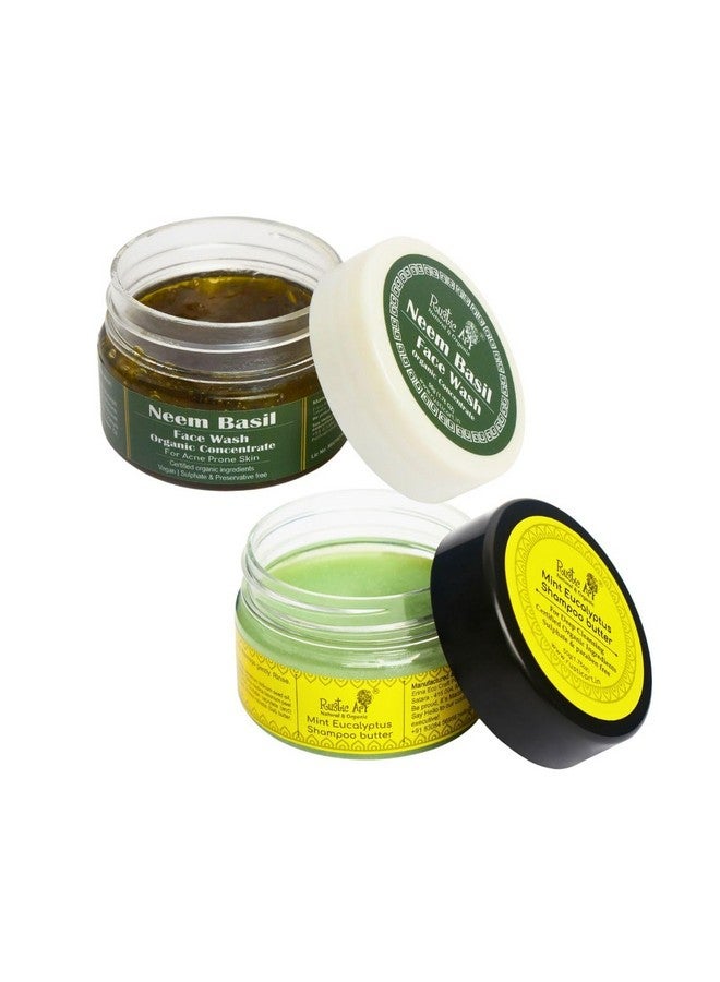 Rustic Art Organic Neem Basil Face Wash Concentrate (50g) & Mint Eucalyptus Shampoo Butter (50g) Combo | Travel friendly, Vegan & Cruetly Free | - Image 1