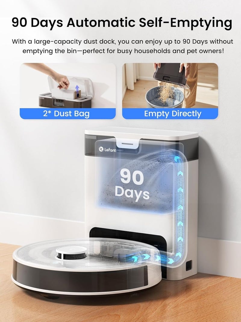 ليفانت روبوت كنس ومسح ليفانت بتقنية الليدار (Lefant LiDAR Robot Vacuum and Mop)، يتمكن من تجنب العقبات بزاوية 190 درجة، يقوم بتفريغ نفسه تلقائيًا خلال 90 يومًا، يقوم برسم خرائط لعدة طوابق، يوفر خيارات تنظيف مخصصة (M2 Customized Cleaning)، يتمتع بقوة شفط قوية تصل إلى 5500 باسكال (5500Pa)، ومدة عمل تصل إلى 140 دقيقة، يدعم الاتصال عبر واي فاي (WiFi) أو التطبيقات المتاحة على الهواتف الذكية أو أنظمة مثل أليكسا (Alexa) أو iWatch، الطراز M2 Pro. - Image 2