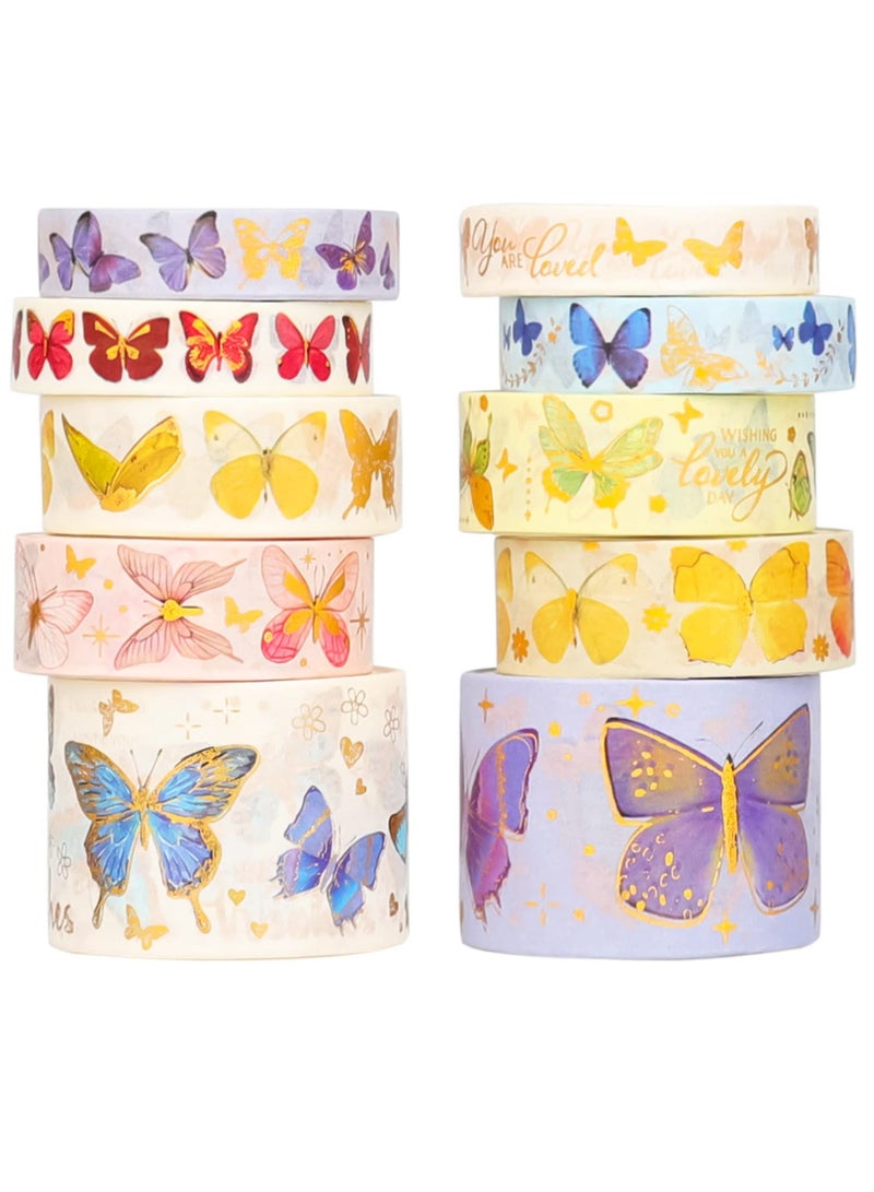 Colorful Butterfly Washi Tape Set with Gold Foil - 10 Rolls in 5 Sizes for Decorative Scrapbooking, DIY Crafts, Gift Wrapping, and Bullet Journaling for Kids and Adults. - Image 1