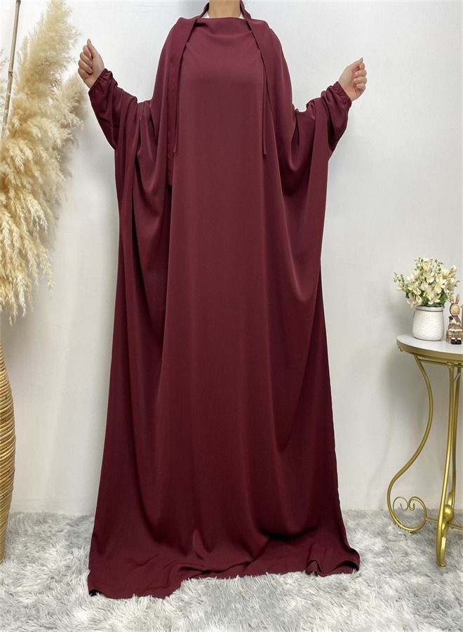 Loquat Simple Loose Solid Color Dress Abaya Red  - Image 2