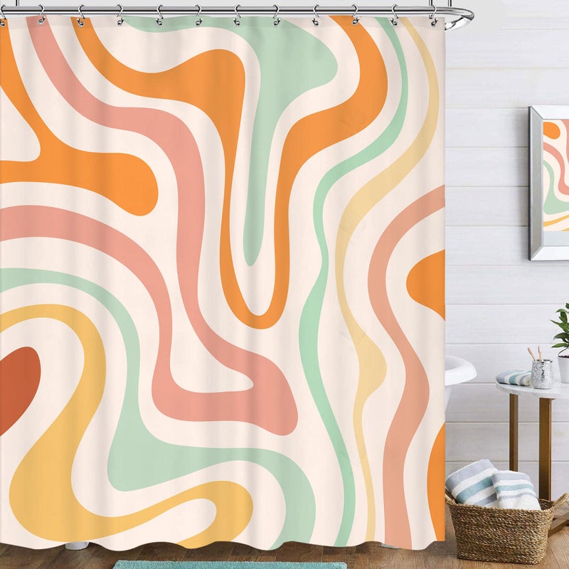 Famiffty Retro 70s Groovy Swirl Colorful 70s Shower Curtain 72Wx72L Inch Vintage Funky Shower Curtains for 60s Aesthetic Bathroom Accessories Home Decor Country Waterproof Polyester Fabric 12 Hooks