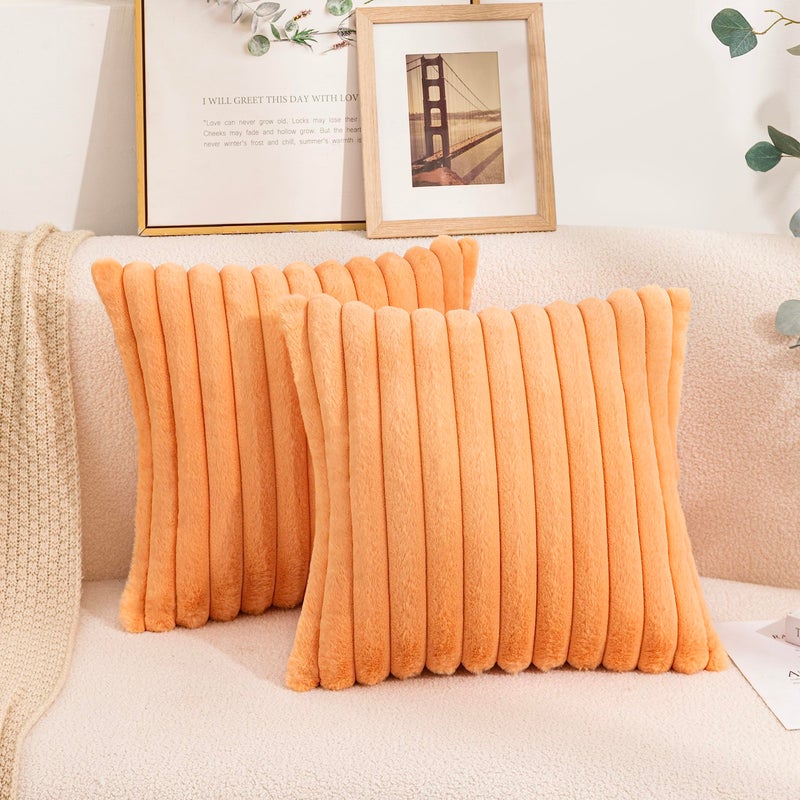 Uhomy Set of 2 Halloween Faux Fur Home Decorative Throw Pillow Cover Luxury Super Soft Fuzzy Striped Furry Pillowcase for Sofa Couch Bedroom Comfy Thick Fluffy Plush Cushion Cover 18x18 Inch Orange - Image 1