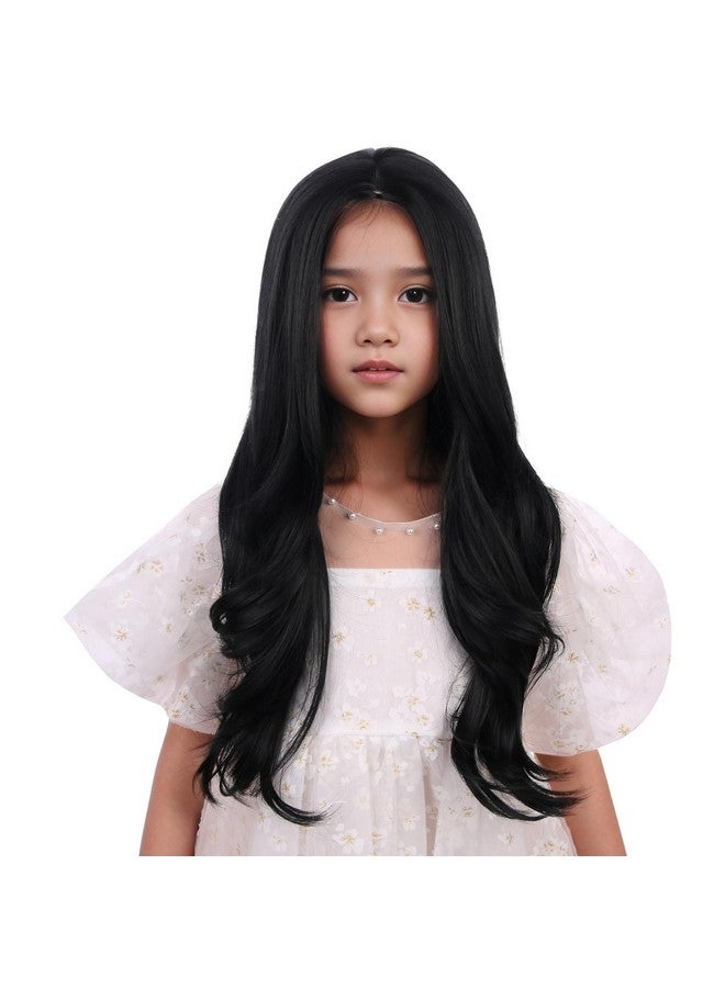 DUDUWIG Black Wigs For Kids Girls Long Black Wavy Curly Wig Black Middle Part Wigs Natural Synthetic Hair Wigs With Wig Net Include - Image 1