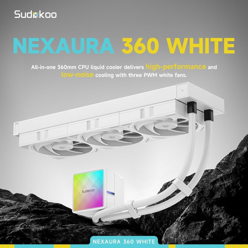NEXAURA 360 أبيض مبرد وحدة المعالجة المركزية السائل AIO، مضخة PWM، رأس مضخة ARGB، قدرة حرارية 300 واط، مراوح FDB، لمقابس Intel LGA 1851/1700/1200/115X و AMD AM5/AM4 - Image 2