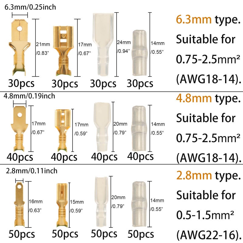 Feggizuli 480pcs Male and Female Spade Connectors Kit With Insulating Sleeve - 2.8mm, 4.8mm, 6.3mm Crimp Terminals for Electrical Wiring - Image 2