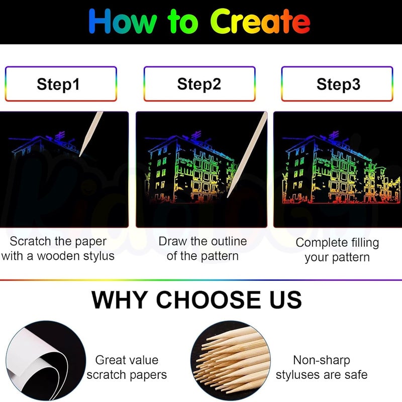 Kidology Scratch Art Notebook Set for Kids | Spiral Bound Doodle Pad with Wooden Stylus | Rainbow Scratch Paper Drawing Book | Gift for Boys & Girls (Pack of 6) - Image 5
