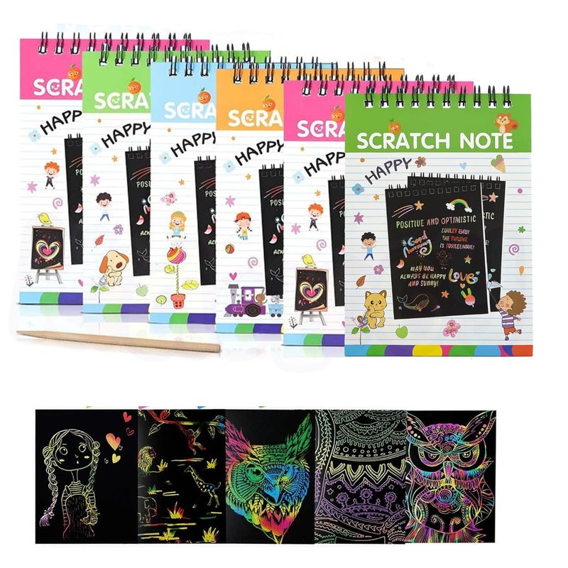 Kidology Scratch Art Notebook Set for Kids | Spiral Bound Doodle Pad with Wooden Stylus | Rainbow Scratch Paper Drawing Book | Gift for Boys & Girls (Pack of 6) - Image 1