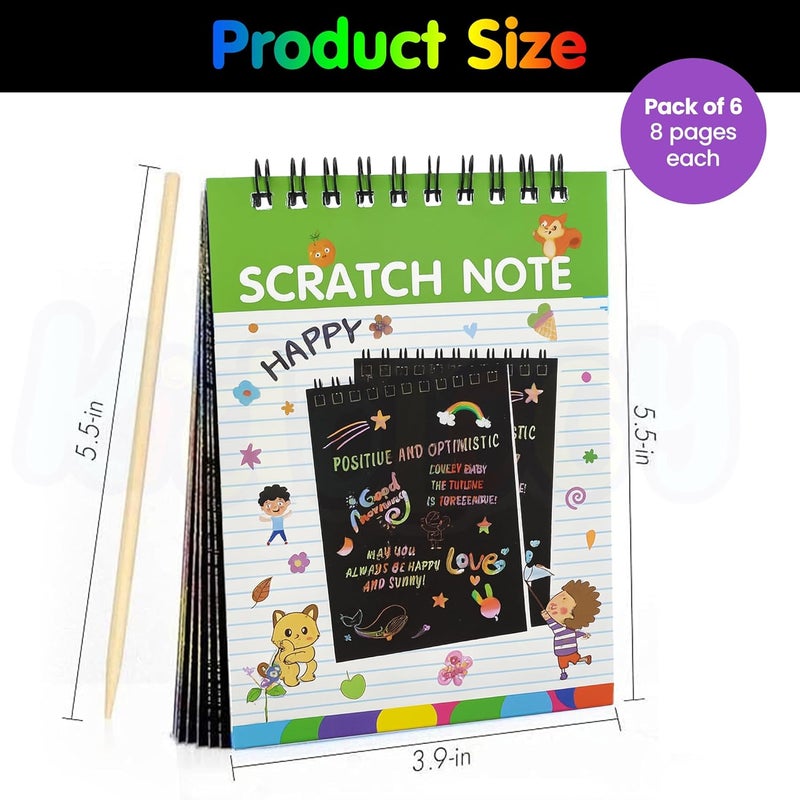 Kidology Scratch Art Notebook Set for Kids | Spiral Bound Doodle Pad with Wooden Stylus | Rainbow Scratch Paper Drawing Book | Gift for Boys & Girls (Pack of 6) - Image 4