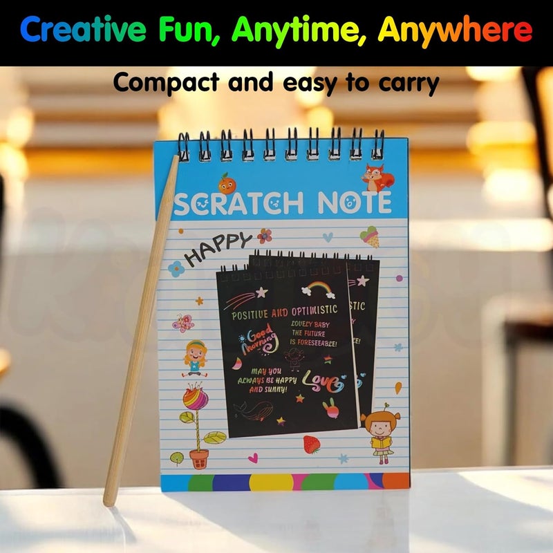 Kidology Scratch Art Notebook Set for Kids | Spiral Bound Doodle Pad with Wooden Stylus | Rainbow Scratch Paper Drawing Book | Gift for Boys & Girls (Pack of 6) - Image 2