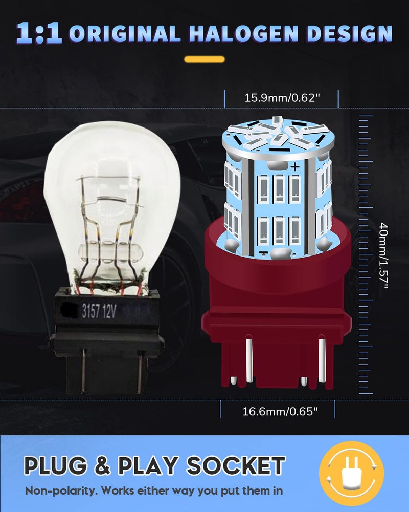UNXMRFF 3157 LED Bulb Red Super Bright Brake Light Bulbs 3156 3157 LED Bulbs Tail Lights, 3156 3056 4057 4157 4157 3457 T25 LED Car Bulbs for Parking Side Marker Lights, Taillights, Pack of 10 - Image 2