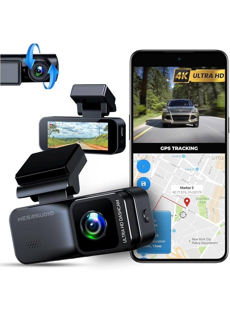MEGAAUDIO 4K Front and Full HD Rear Dash Cam for Car with GPS and Arabic App – 24-Hour Recording - Image 1