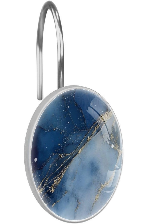 12 Pcs Shower Curtain Hooks, Dark Blue Gold Marble Rustproof Decorative Metal Round Shower Curtain Hangers Rings for Bathroom Bedroom Living Room Rods - Image 1