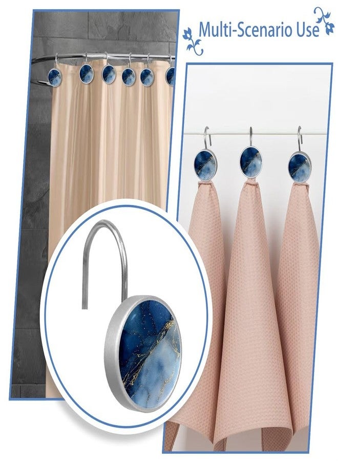 12 Pcs Shower Curtain Hooks, Dark Blue Gold Marble Rustproof Decorative Metal Round Shower Curtain Hangers Rings for Bathroom Bedroom Living Room Rods - Image 5