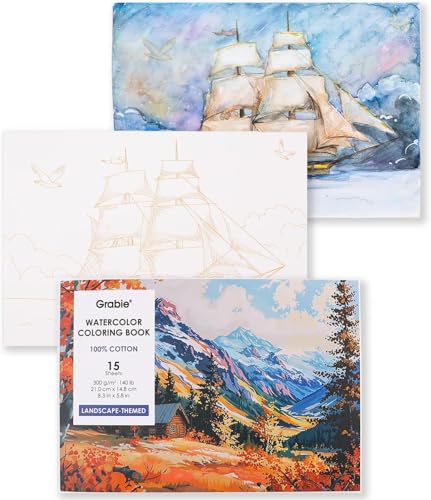 Grabie Watercolor Coloring Book, 15 Sheets A5 (8.3 x 5.8),Watercolor Book for Adults: Ignite Your Artistic Expression on 100% Cotton Paper (Land-Scape) - Image 1