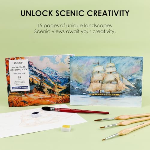 Grabie Watercolor Coloring Book, 15 Sheets A5 (8.3 x 5.8),Watercolor Book for Adults: Ignite Your Artistic Expression on 100% Cotton Paper (Land-Scape) - Image 2