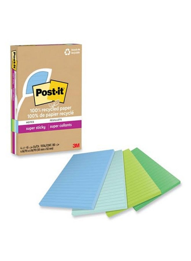 Post-it 100% Recycled Paper Super Sticky Notes, 2X The Sticking Power, 4X6 In, 4 Pads, 45 Sheets/Pad, Oasis Collection (4621R-4Sst) - Image 1