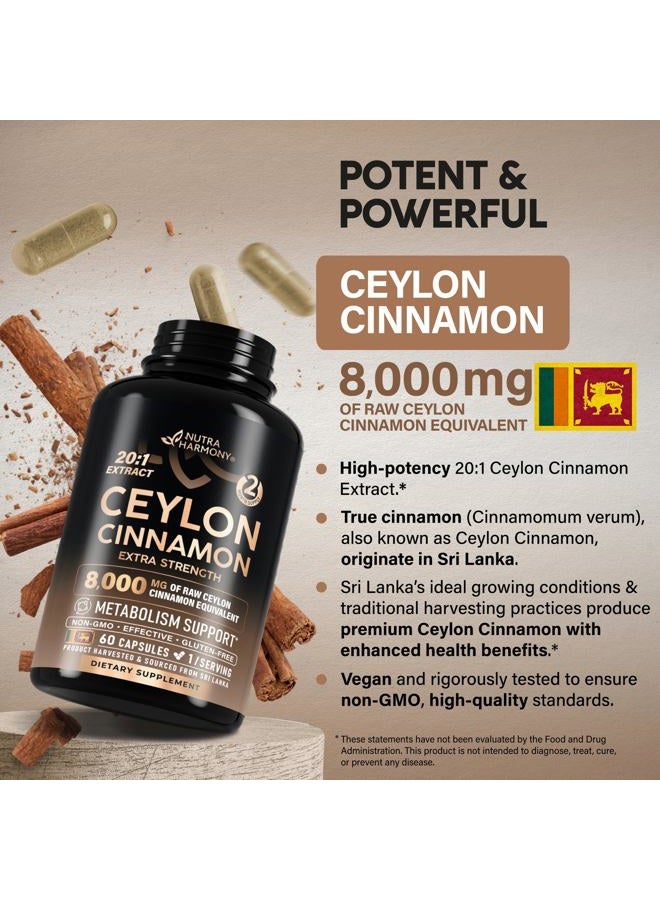 NUTRAHARMONY Ceylon Cinnamon Capsules - Extra Strength - Energy, Heart & Metabolism Support - for Men & Women - Pure Natural Extract 20:1 Supplement - Made in USA - GMO & Gluten Free, 60 Capsules, 2 Month Supply - Image 3