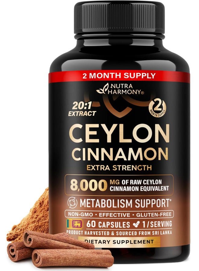 NUTRAHARMONY Ceylon Cinnamon Capsules - Extra Strength - Energy, Heart & Metabolism Support - for Men & Women - Pure Natural Extract 20:1 Supplement - Made in USA - GMO & Gluten Free, 60 Capsules, 2 Month Supply - Image 1