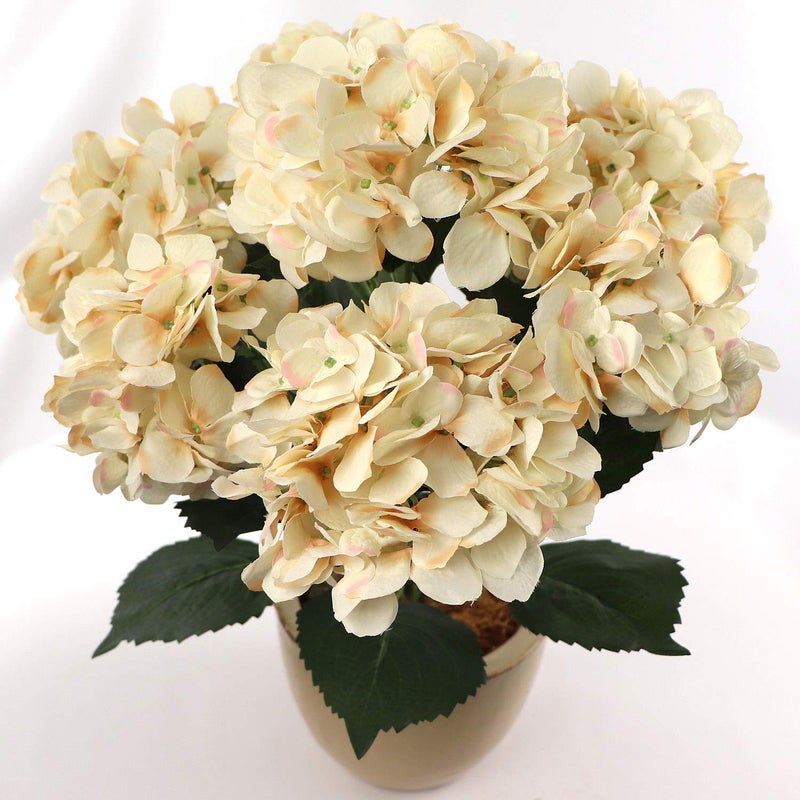 Larksilk Larksilk Beige Hydrangea Silk Flower Bush  Real Touch UV Resistant 7 Heads Per Bush  Adjustable Stem Rich Green Leaves  Perfect for Indoor  Outdoor Wedding Decor 