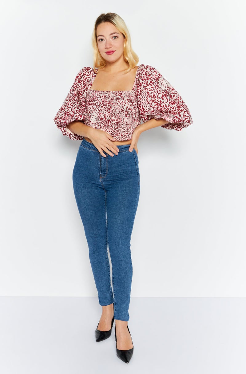 RIVER ISLAND Women Square Neck Puff Sleeve Animal Print Blouse, Red - Image 2