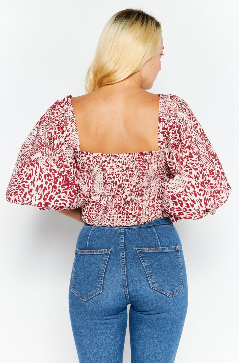 RIVER ISLAND Women Square Neck Puff Sleeve Animal Print Blouse, Red - Image 4