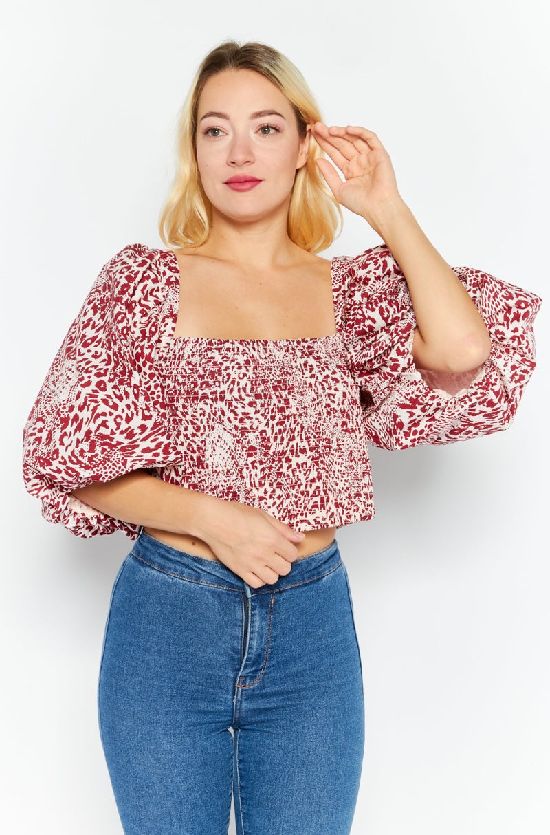 RIVER ISLAND Women Square Neck Puff Sleeve Animal Print Blouse, Red - Image 1