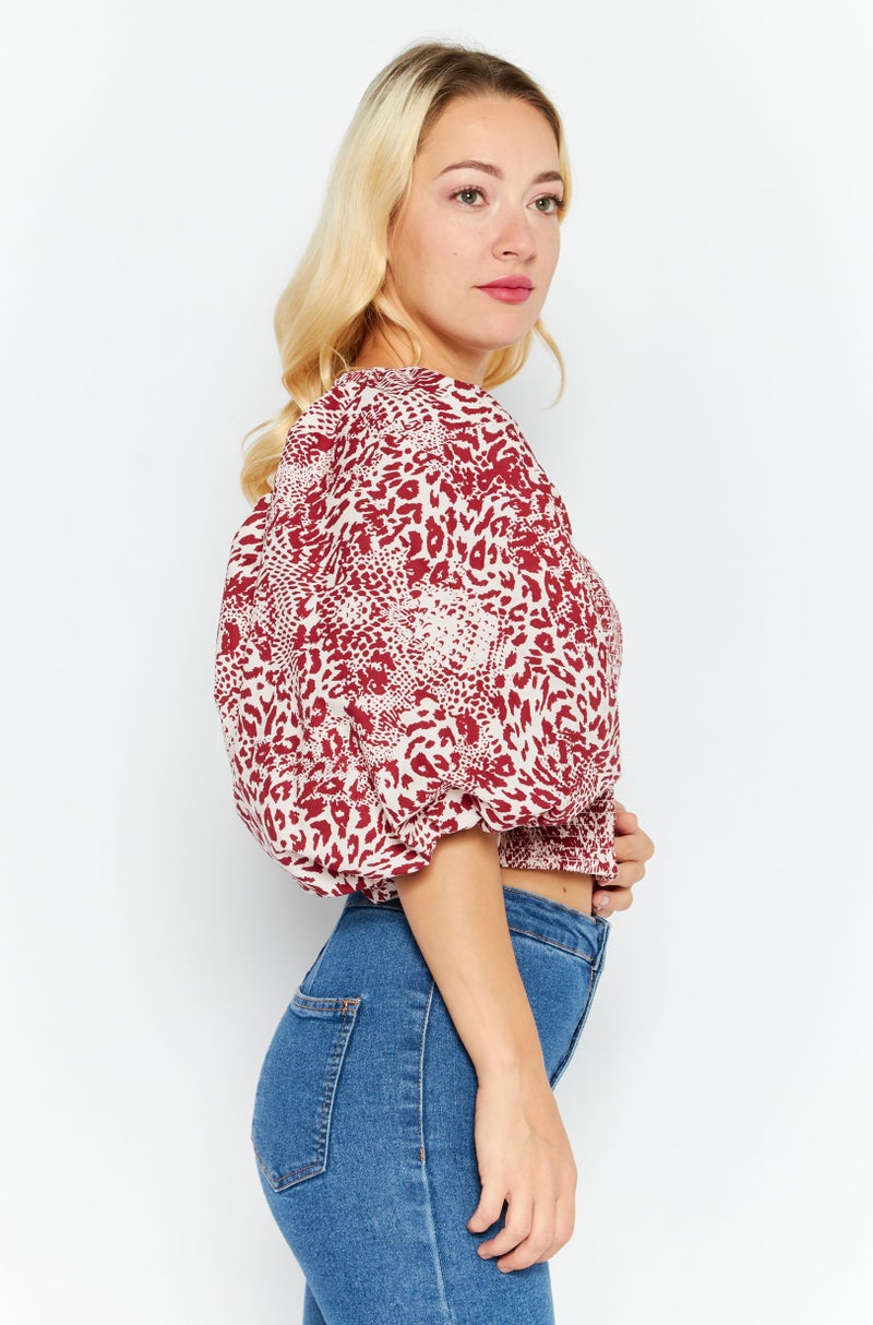 RIVER ISLAND Women Square Neck Puff Sleeve Animal Print Blouse, Red - Image 3