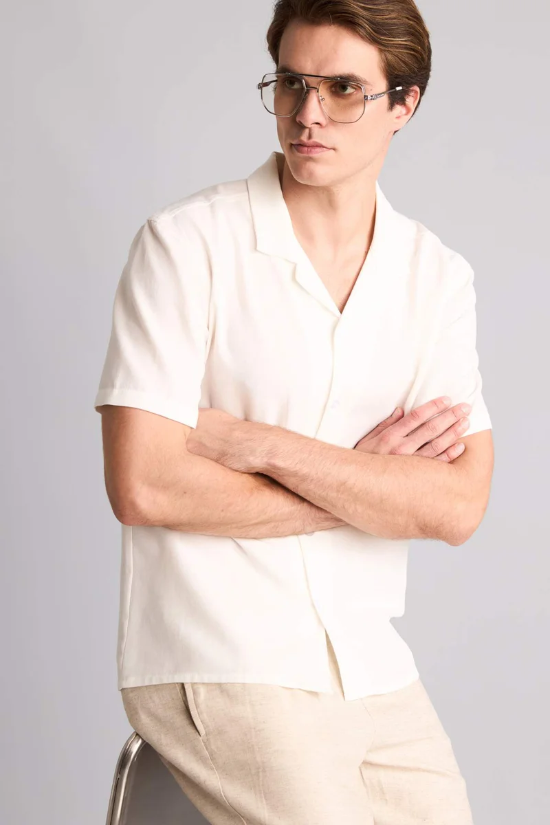 DeFacto Modern Fit Resort Neck Linen Blended Short Sleeve Shirt