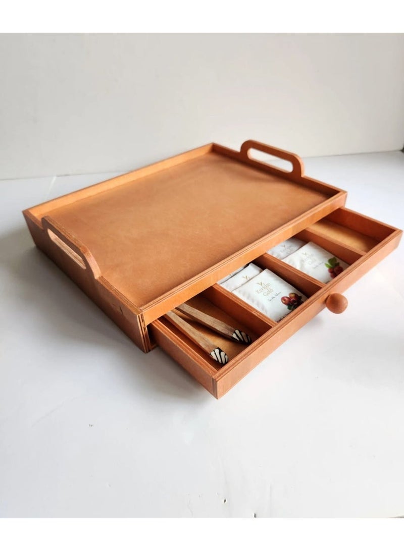 صينية تقديم خشبية مع درج من اتش إس هوم – منظم متعدد الاستخدامات لركن القهوة والشاي ولتنظيم التوابل والوجبات الخفيفة ومستلزمات المنزل على سطح المطبخ - Image 1