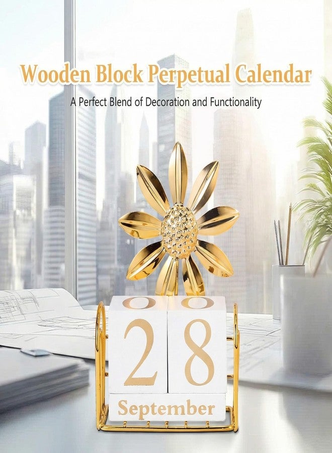 SUPVOX Wooden Perpetual Calendar Blocks for Desk, Office, Home Decor, Adjustable Wood Month Date Display Blocks, Sunflower Design, 4.72 X 3.54 X 1.57 Inches - Image 2