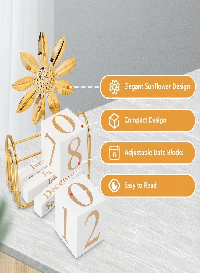 SUPVOX Wooden Perpetual Calendar Blocks for Desk, Office, Home Decor, Adjustable Wood Month Date Display Blocks, Sunflower Design, 4.72 X 3.54 X 1.57 Inches - Image 3