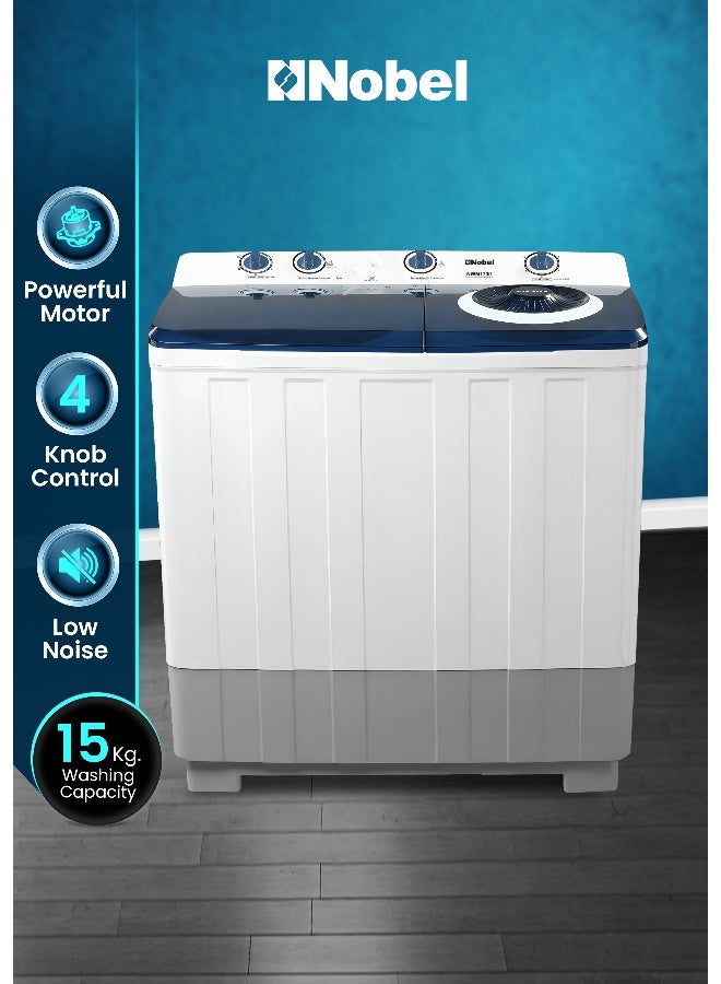 Nobel 15.0 Kg Wash / 7.0 Kg Spin Capacity Twin-Tub Semi-Automatic Washing Machine – 660W Power Input, 950 RPM, IPX4 Rating – NWM1700 Grey 15 kg 660 W NWM1700 Grey
