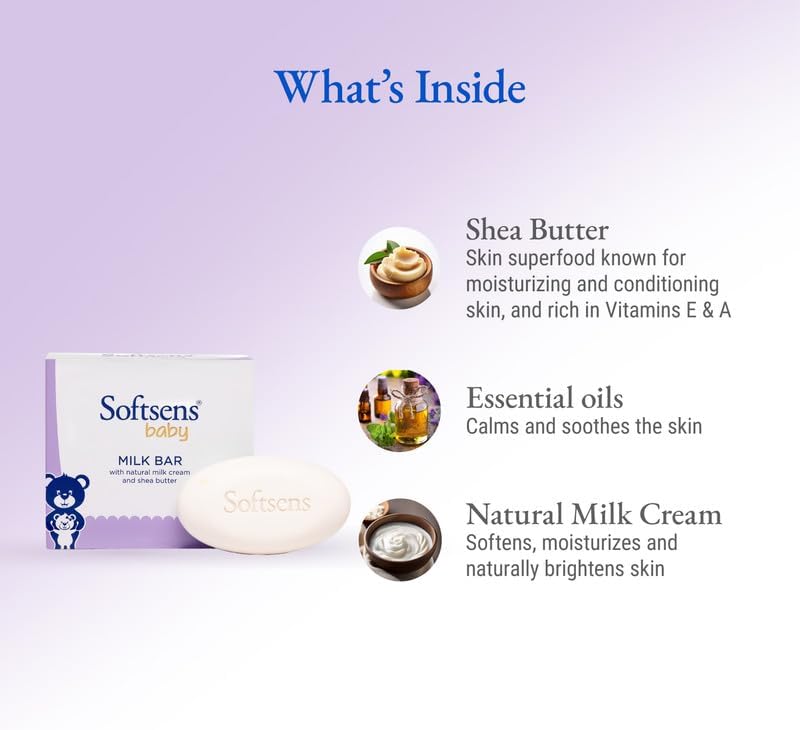 Softsens Baby Milk Bar Soap with Natural Milk Cream & Shea Butter - 3 Pack (100g each) - Image 2