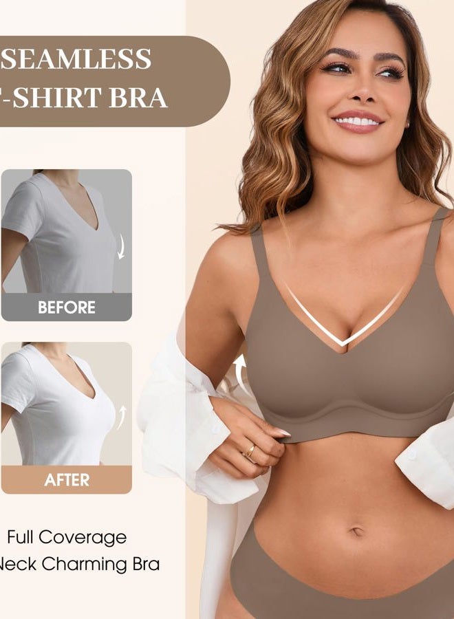 DEANGELMON Seamless Bras for Women No Underwire Comfortable Push Up Bra V Neck Wireless Bralette Full Coverage Wire Free, Grey, L - Image 5