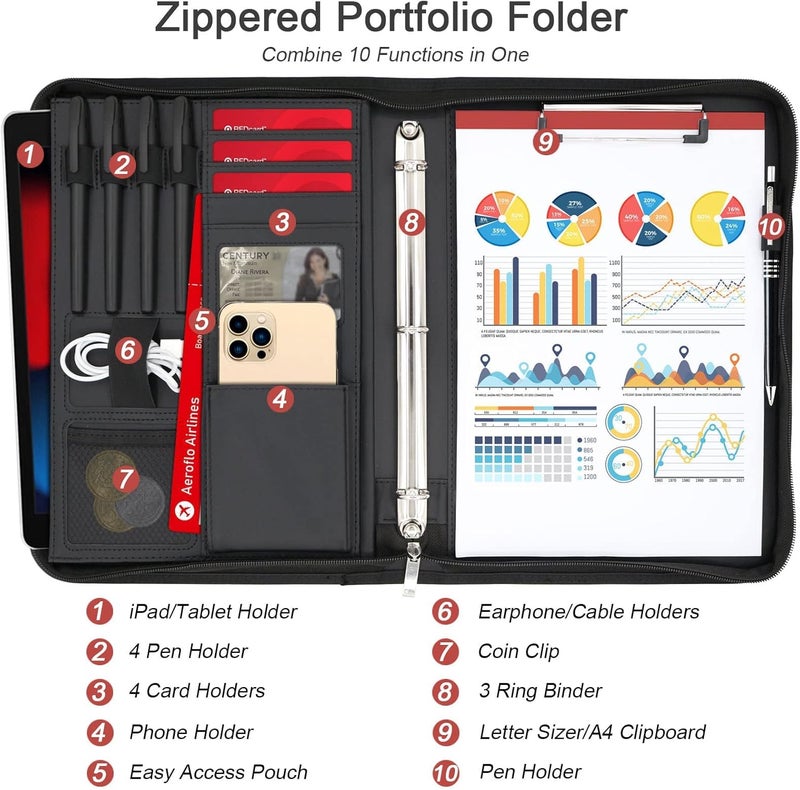Excefore Portfolio Binder Organizer With Handle, 13.4 * 10 * 1.6 Inch Zippered Padfolio, Writing Pad Notepad Legal Size Detachable Business Folder Resume Interview Gift For Men Women - Image 2