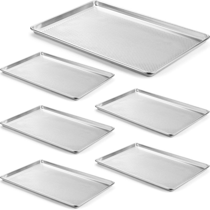 CURTA 6 Pack Aluminum Sheet Pan Perforated NSF Listed Full Size 26 x 18 inch Commercial Bakery Cake Bun Pan Baking Tray