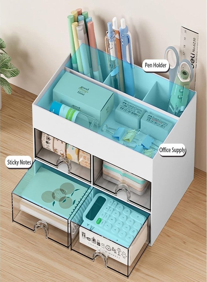 Home Cube Multi-Functional Desk Organizer With 4 Compartments & 4 Pull Out Drawer Desktop Office Supplies Stationery Storage Box Cosmetic Organizer For Pens Staplers Clips Sticky Notes-Pink-Plastic - Image 4