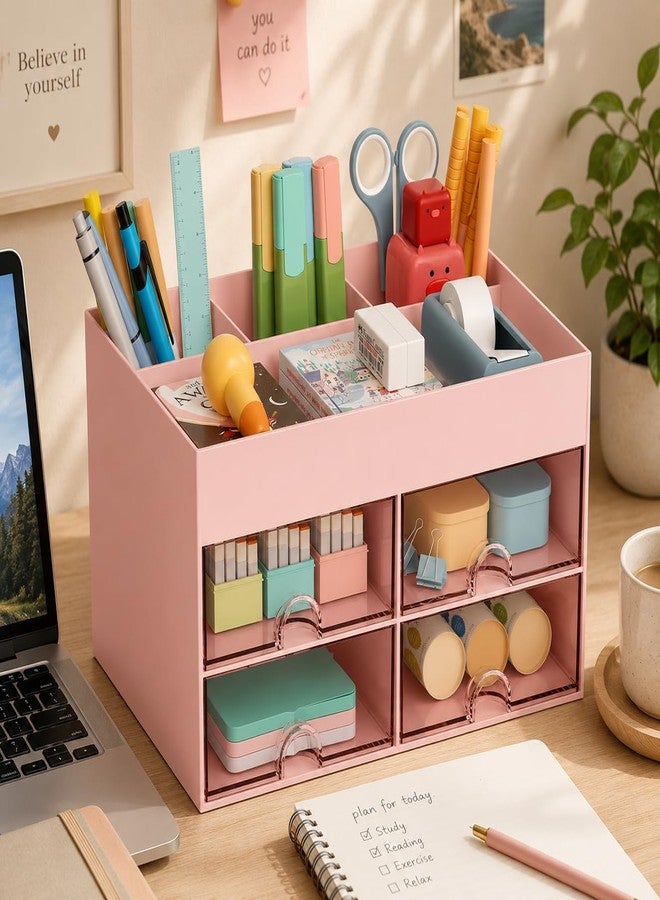 Home Cube Multi-Functional Desk Organizer With 4 Compartments & 4 Pull Out Drawer Desktop Office Supplies Stationery Storage Box Cosmetic Organizer For Pens Staplers Clips Sticky Notes-Pink-Plastic - Image 1