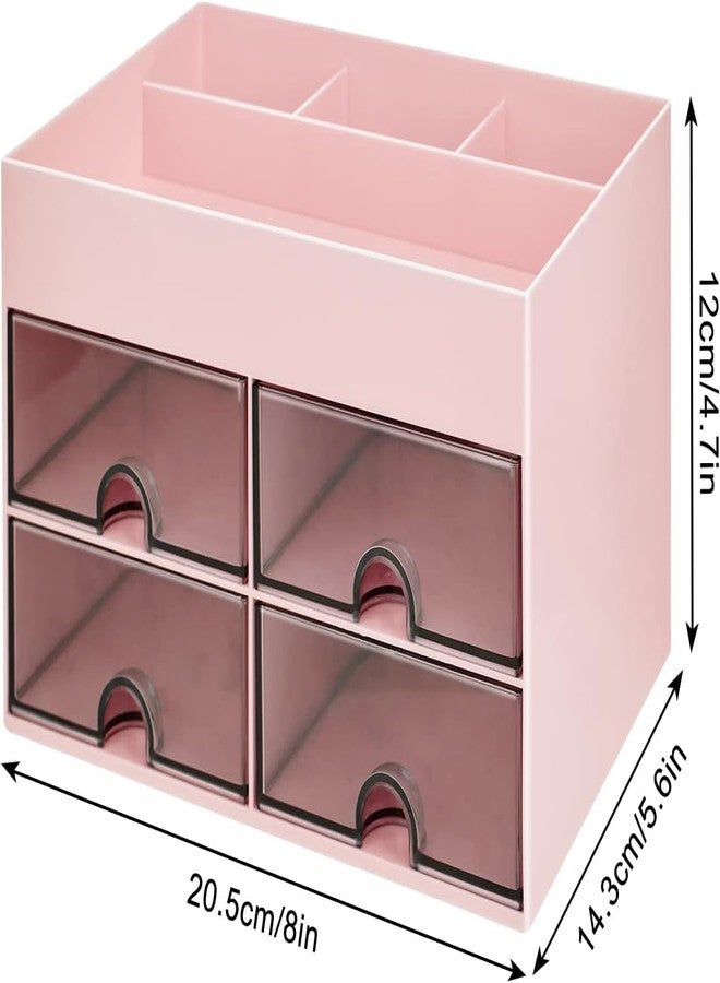 Home Cube Multi-Functional Desk Organizer With 4 Compartments & 4 Pull Out Drawer Desktop Office Supplies Stationery Storage Box Cosmetic Organizer For Pens Staplers Clips Sticky Notes-Pink-Plastic - Image 5