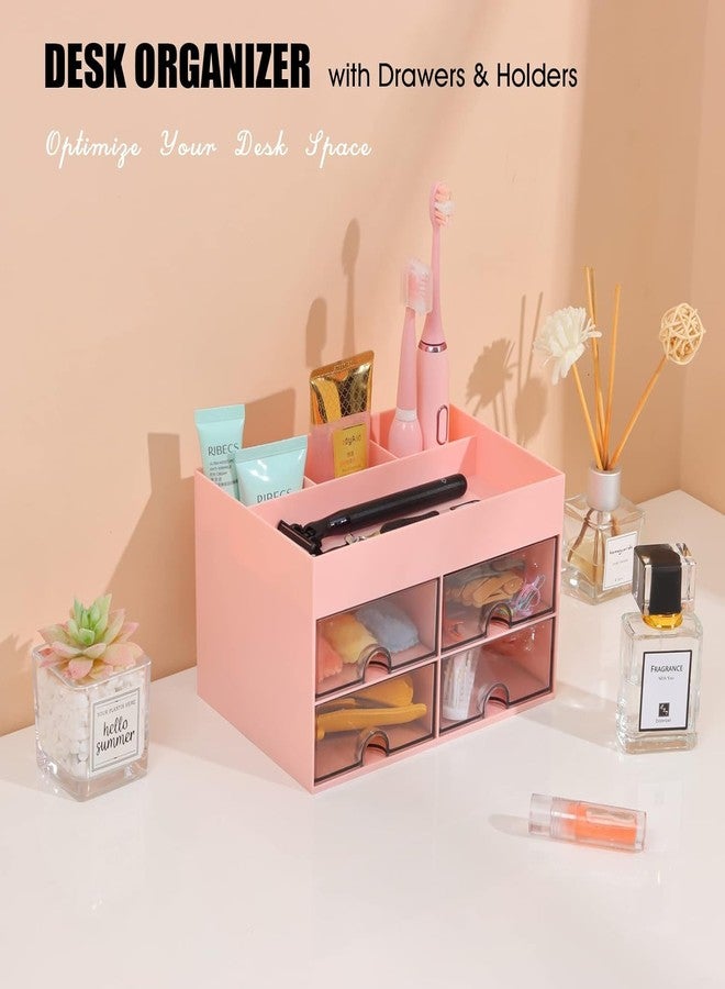 Home Cube Multi-Functional Desk Organizer With 4 Compartments & 4 Pull Out Drawer Desktop Office Supplies Stationery Storage Box Cosmetic Organizer For Pens Staplers Clips Sticky Notes-Pink-Plastic - Image 3