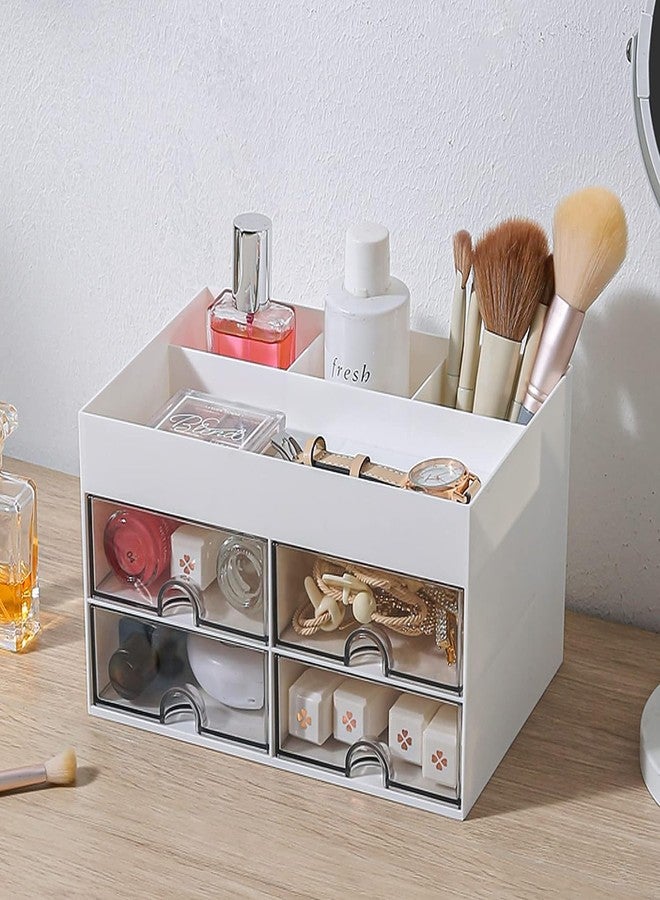 Home Cube Multi-Functional Desk Organizer With 4 Compartments & 4 Pull Out Drawer Desktop Office Supplies Stationery Storage Box Cosmetic Organizer For Pens Staplers Clips Sticky Notes-Pink-Plastic - Image 2