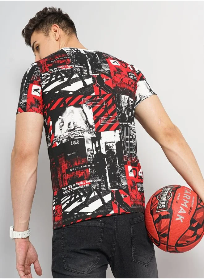 شركة المرآب الهندية Men Slim Fit Abstract Printed Round Neck Tshirt