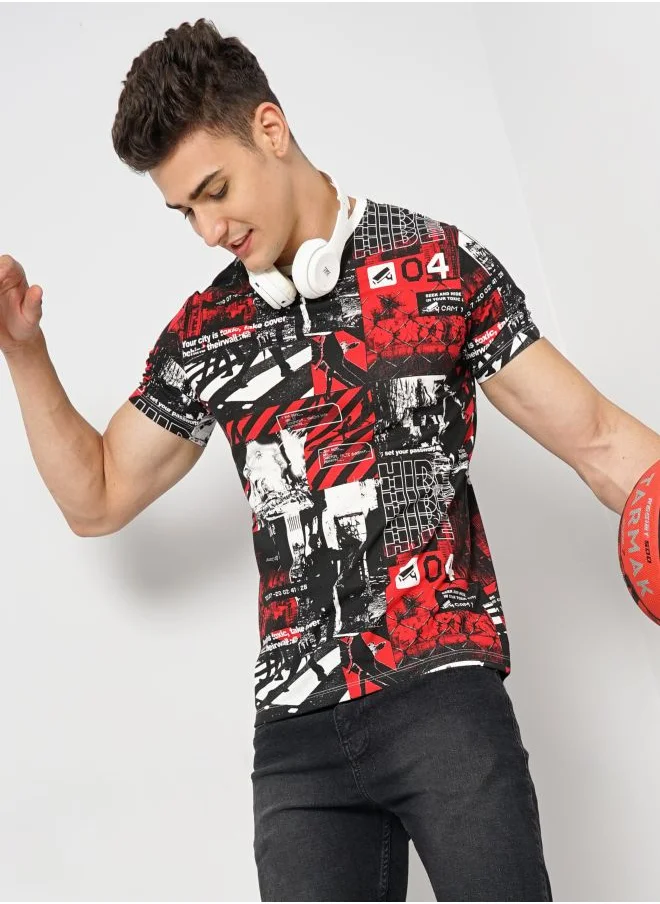 شركة المرآب الهندية Men Slim Fit Abstract Printed Round Neck Tshirt