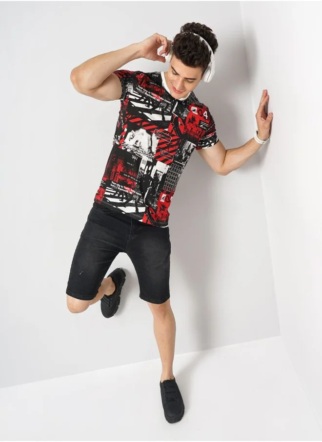 شركة المرآب الهندية Men Slim Fit Abstract Printed Round Neck Tshirt