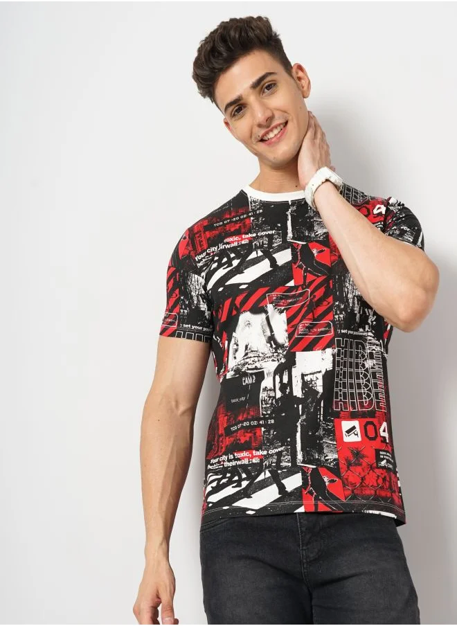 شركة المرآب الهندية Men Slim Fit Abstract Printed Round Neck Tshirt