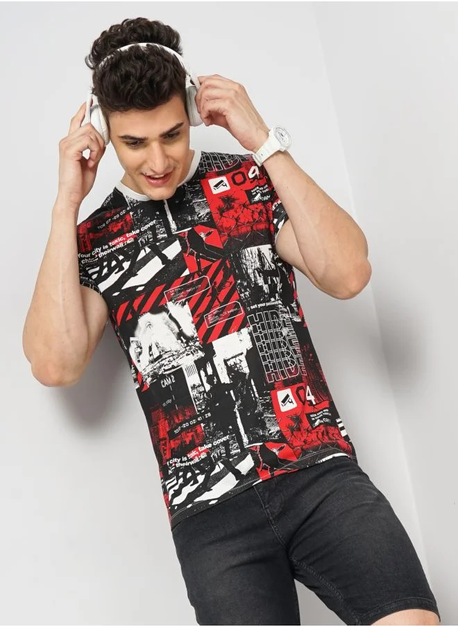 شركة المرآب الهندية Men Slim Fit Abstract Printed Round Neck Tshirt