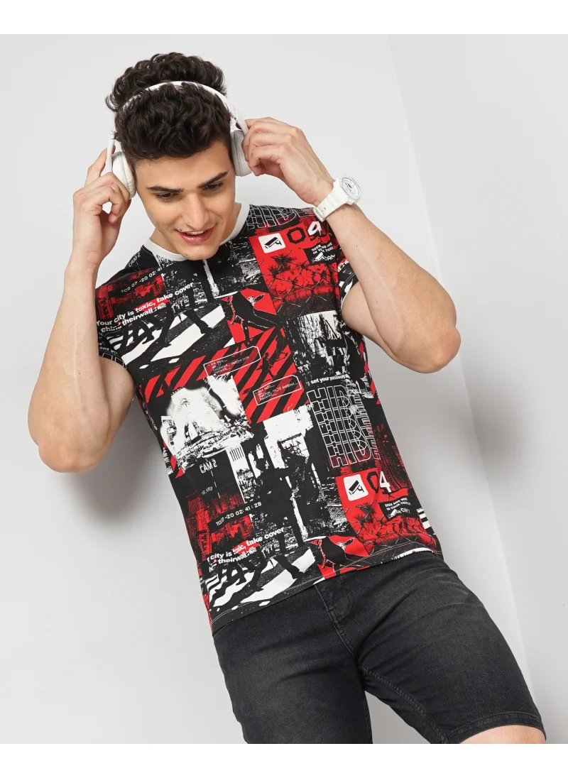 شركة المرآب الهندية Men Slim Fit Abstract Printed Round Neck Tshirt